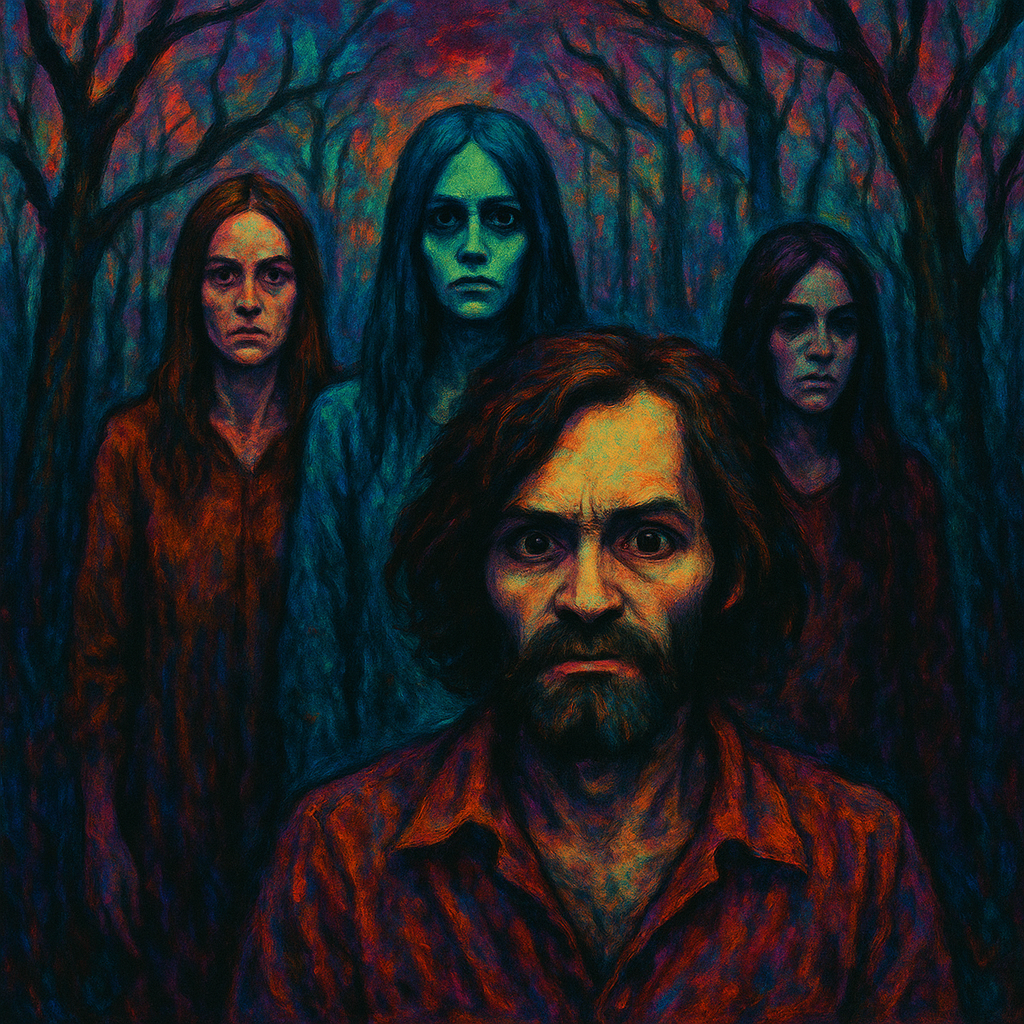 Charles Manson with his followers in a 1960s psychedelic cult gathering in a dark forest.