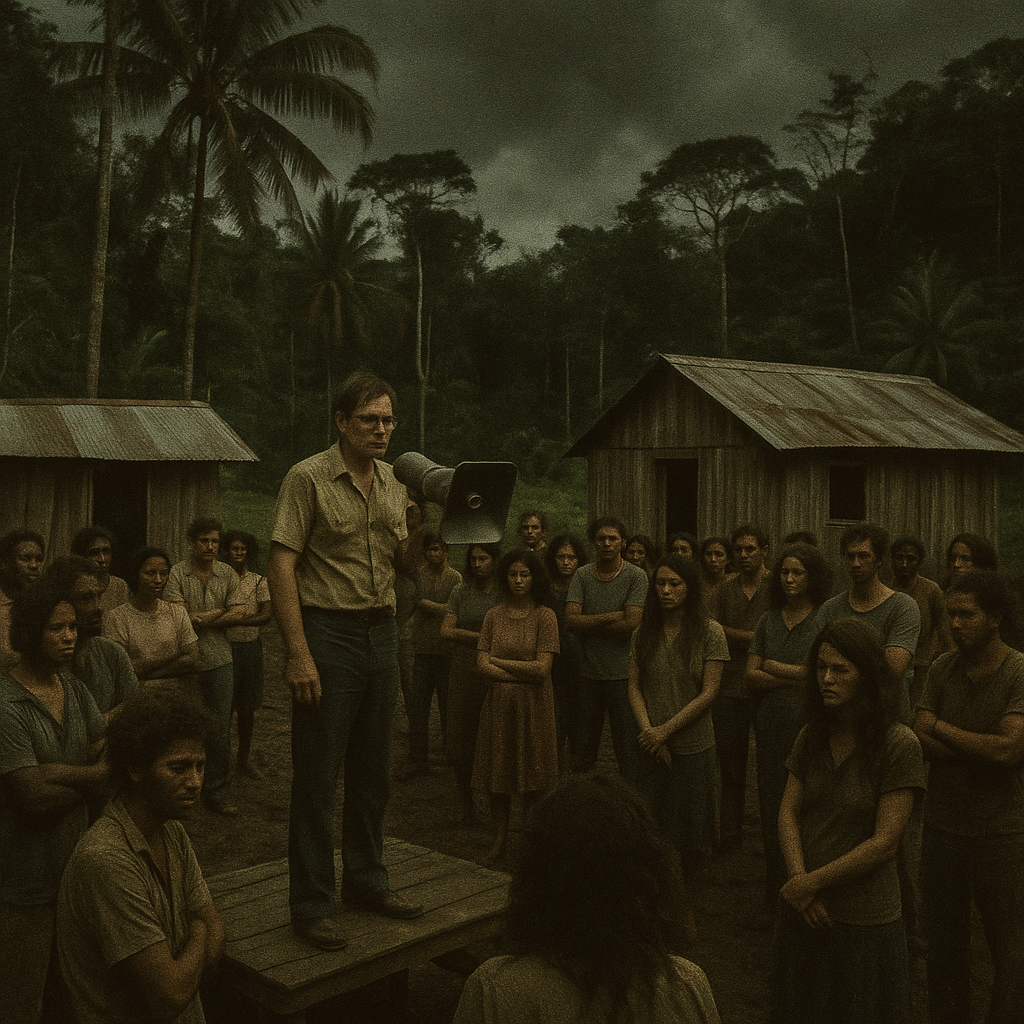 Jim Jones preaching to followers in the Jonestown settlement in the jungle of Guyana.