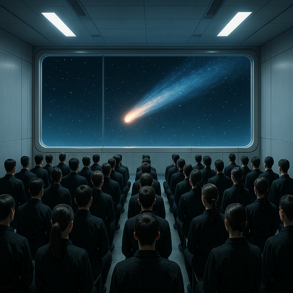 Heaven’s Gate members in matching uniforms await alien rescue near Hale-Bopp comet.