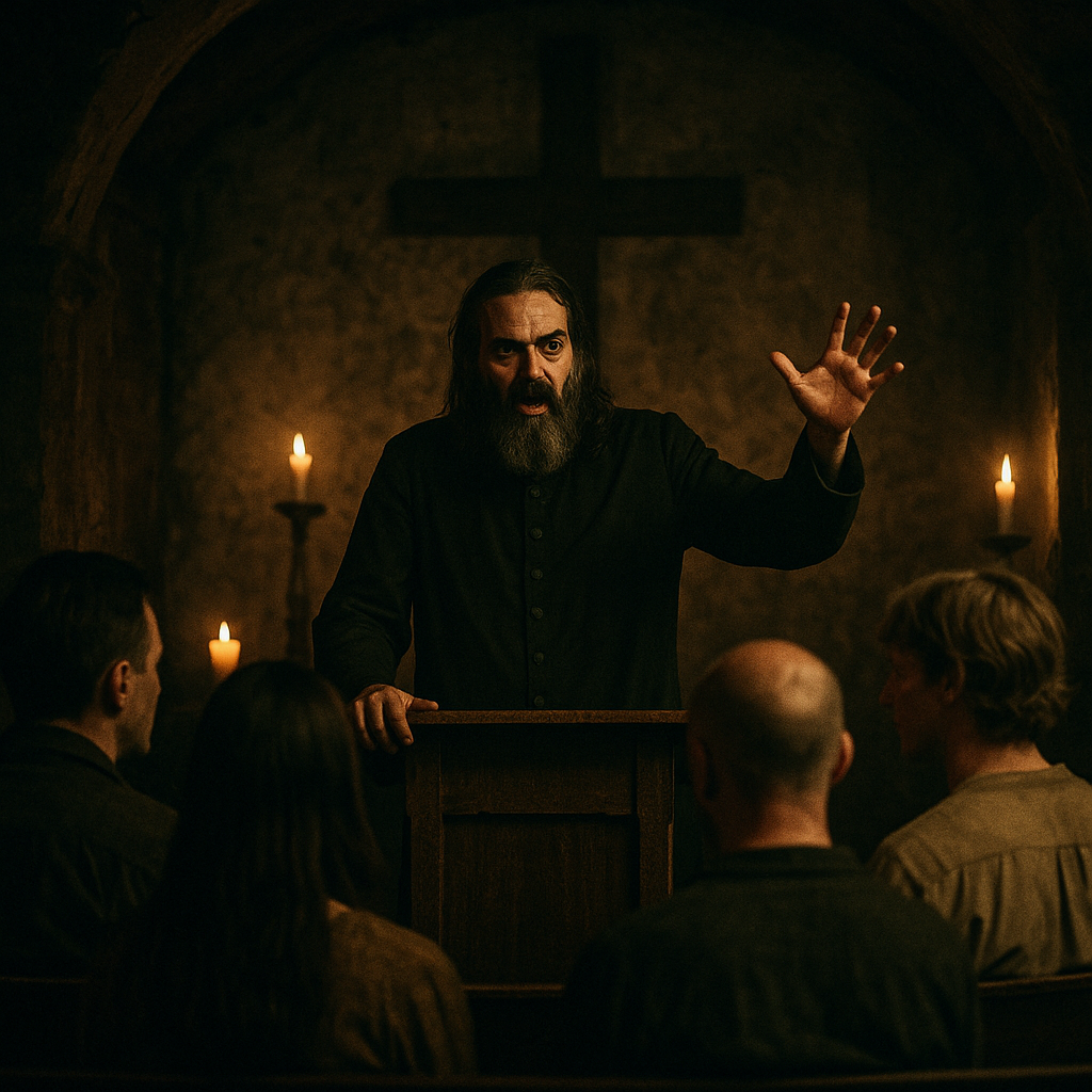 Preacher leading a small group in a candle-lit setting; ominous tone suggests hidden abuse.