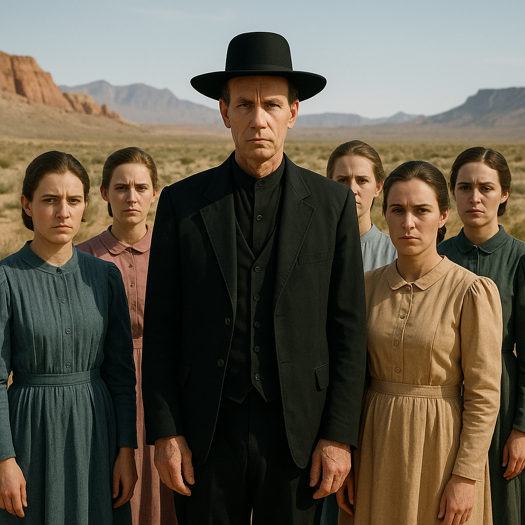 FLDS women in prairie dresses surrounding Warren Jeffs in a desert polygamist community.