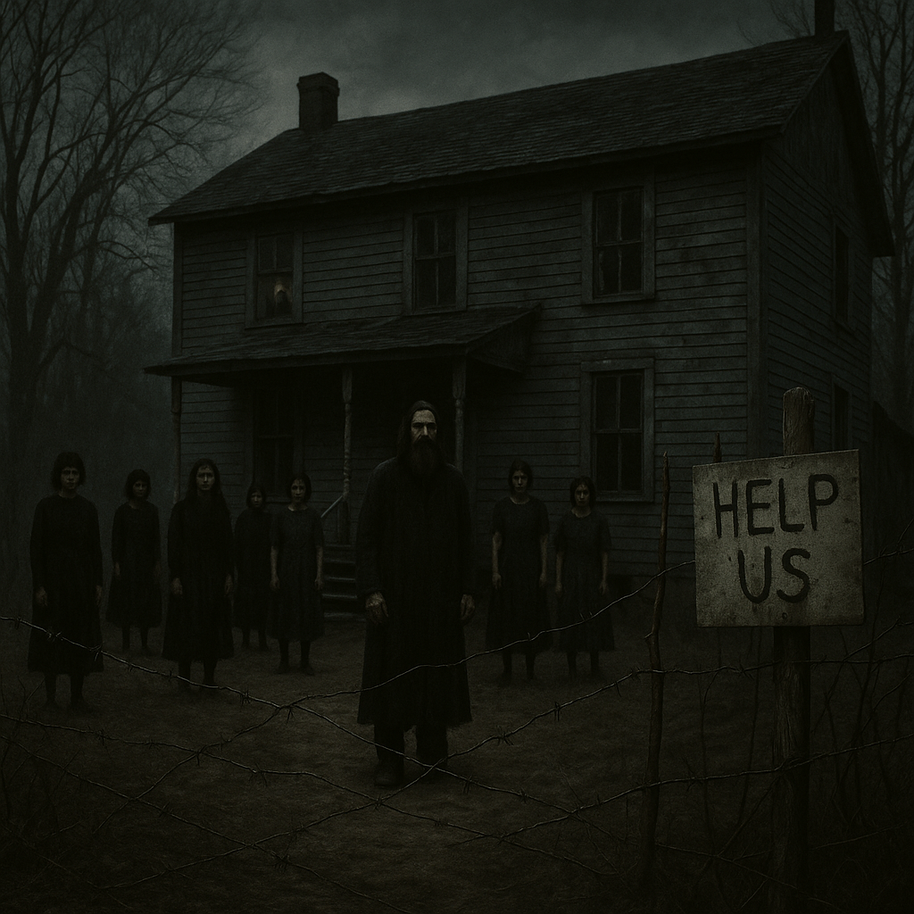 Isolated cult compound with eerie lighting symbolizing brutality and fear.