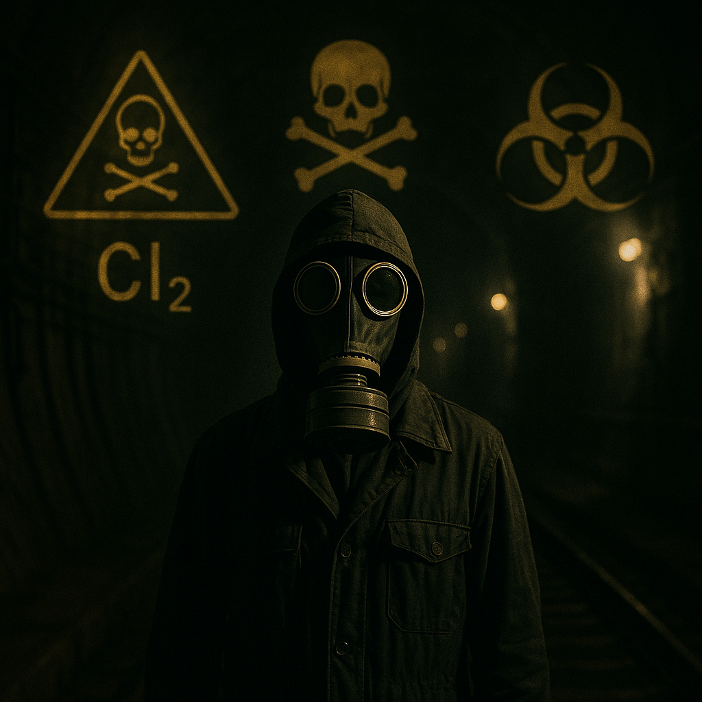 Dark subway with gas-masked figure representing Aum Shinrikyo’s deadly ideology.
