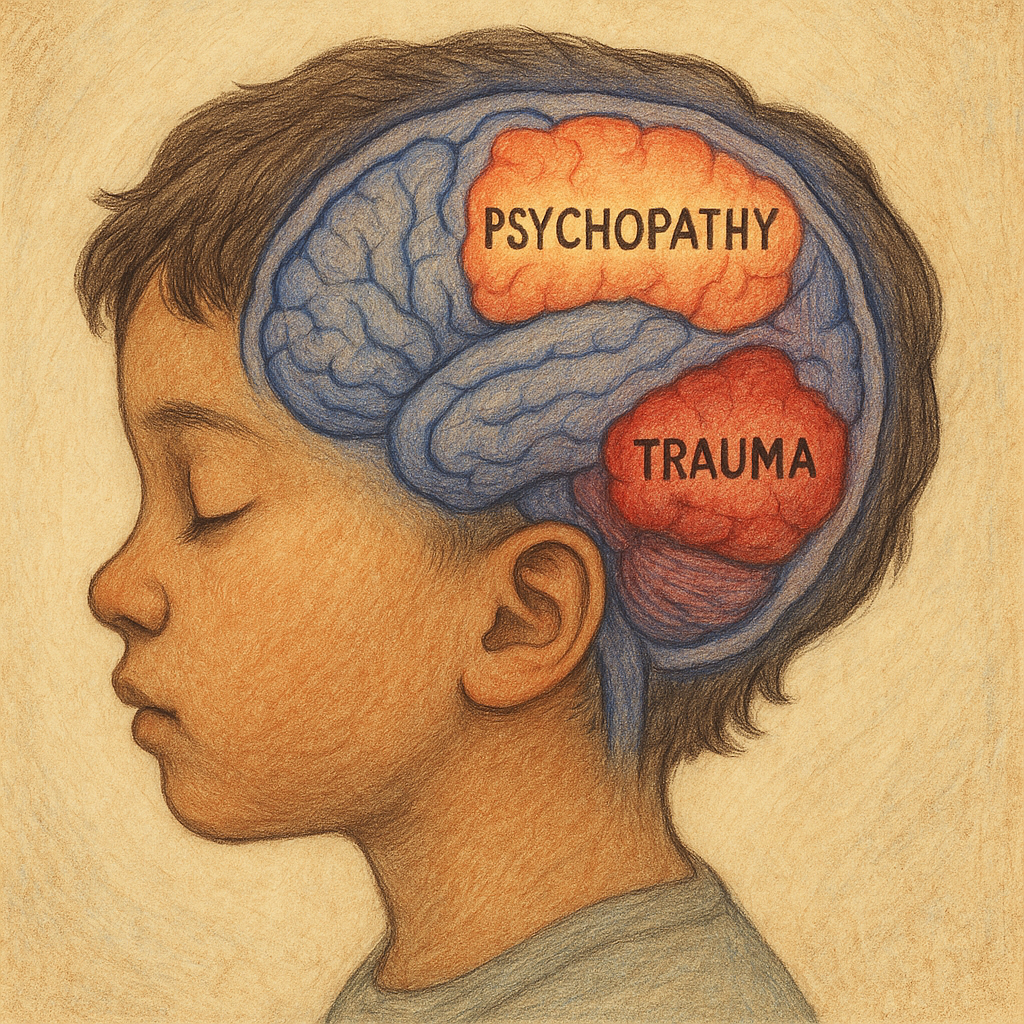 Illustration of a child’s brain highlighting areas associated with psychopathy and trauma