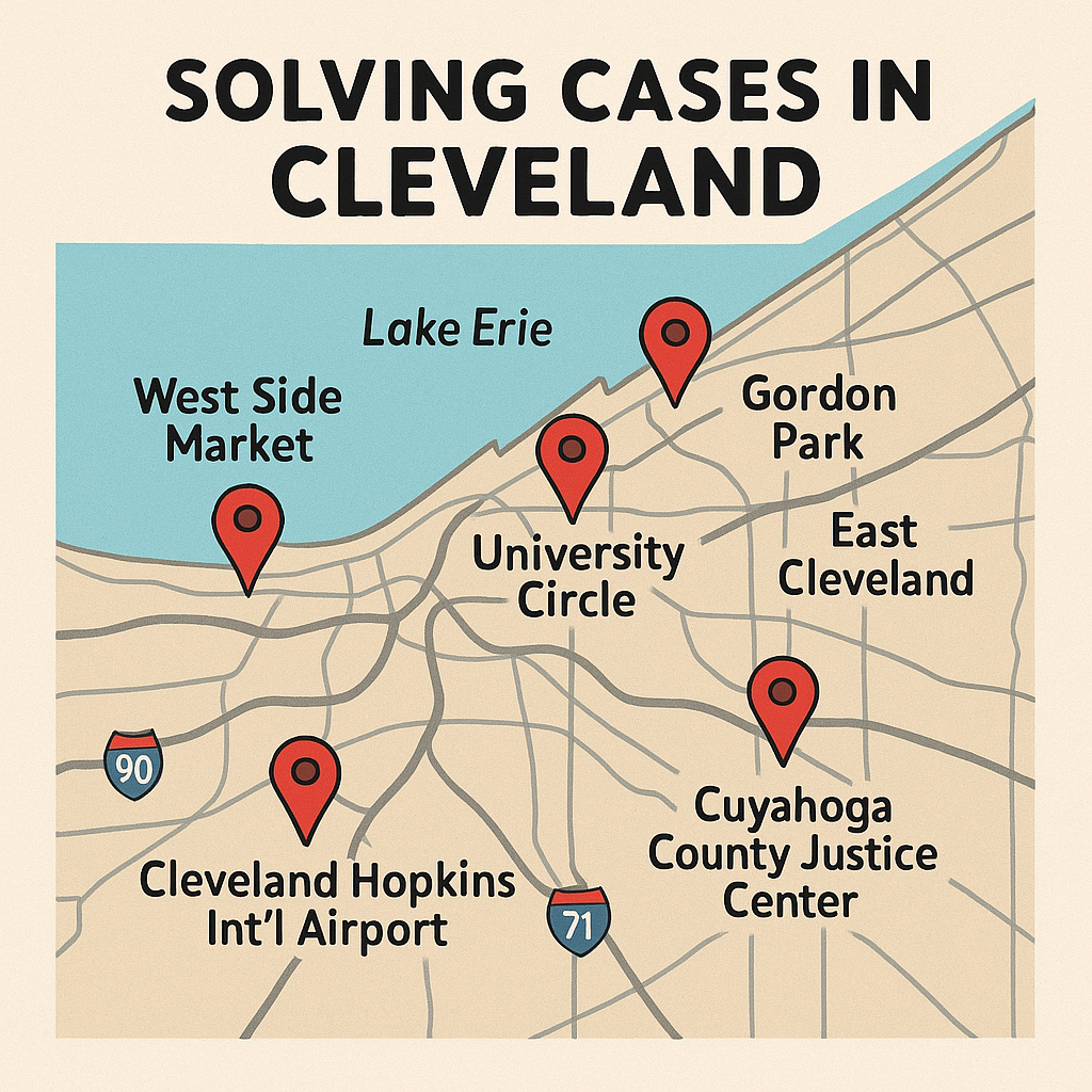Map showing various locations in Cleveland related to the solved cases