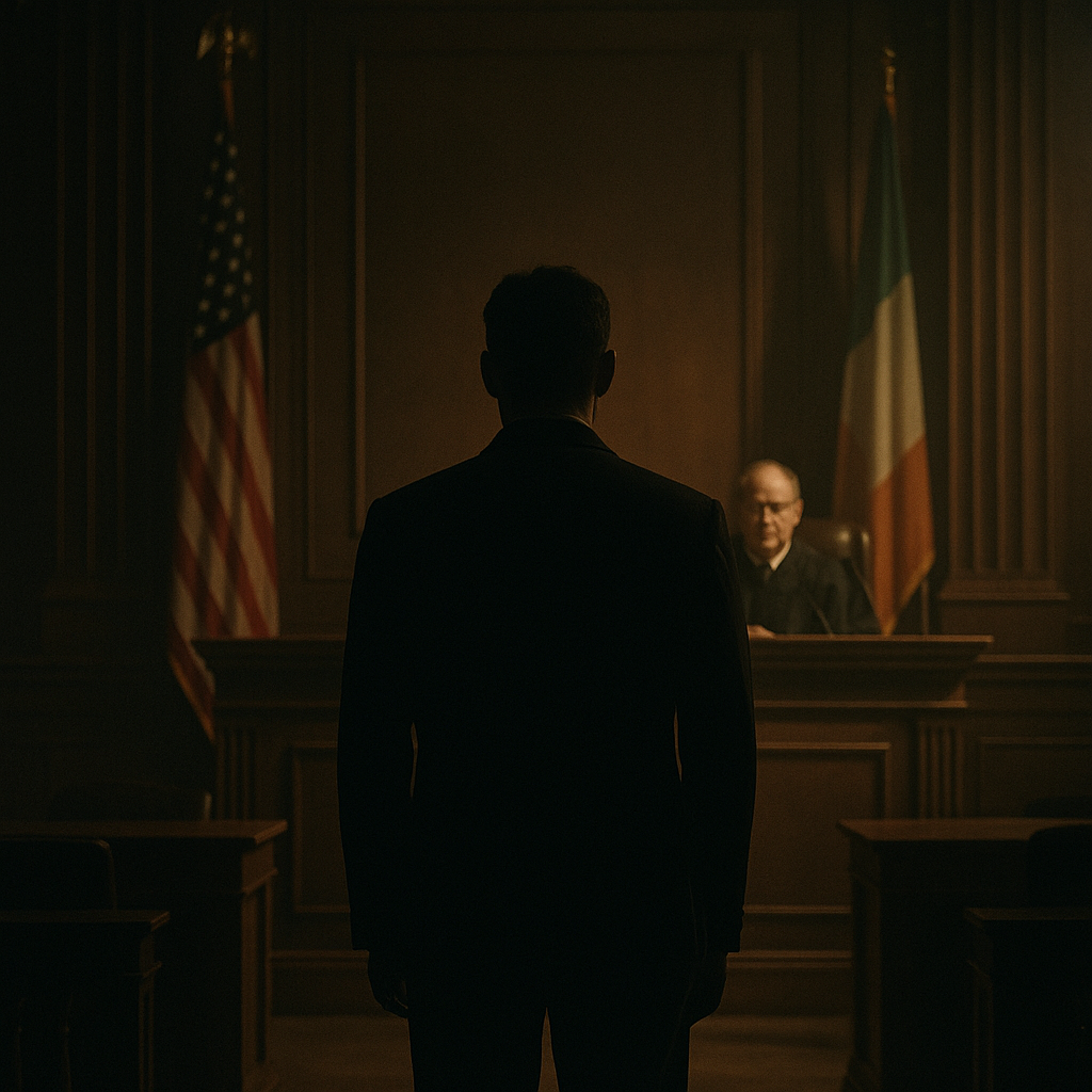 Jason Corbett murder courtroom case with Irish and American justice flags
