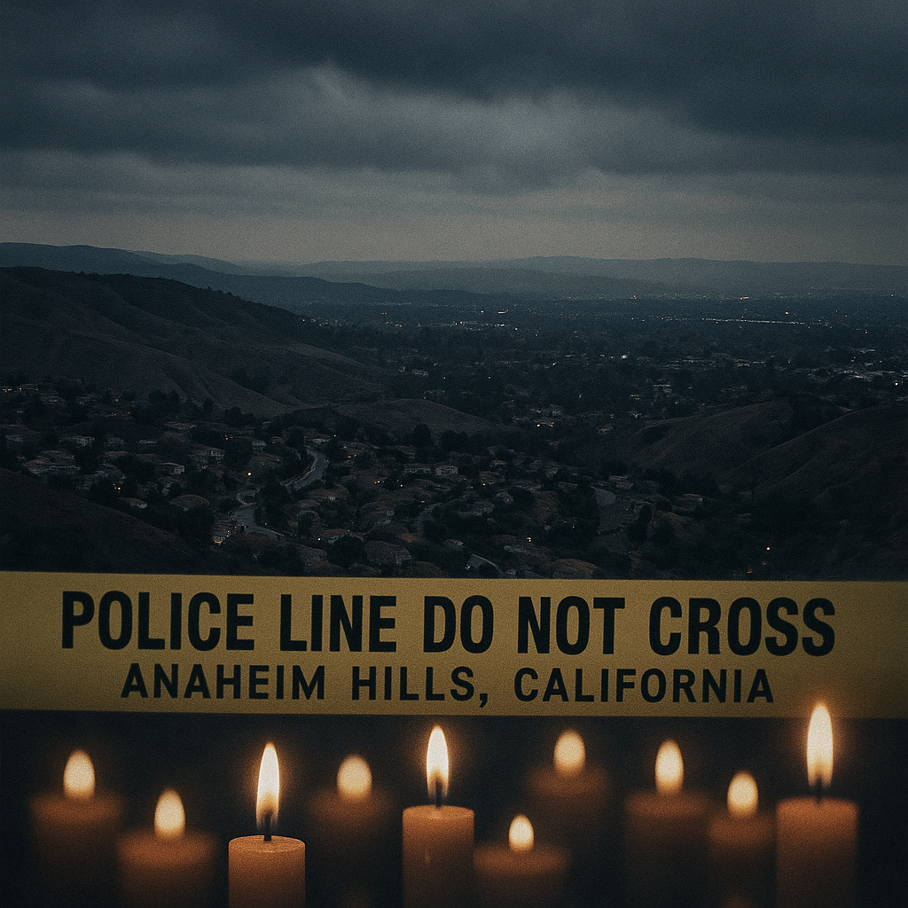 Anaheim Hills murder-suicide crime scene aerial view at dusk