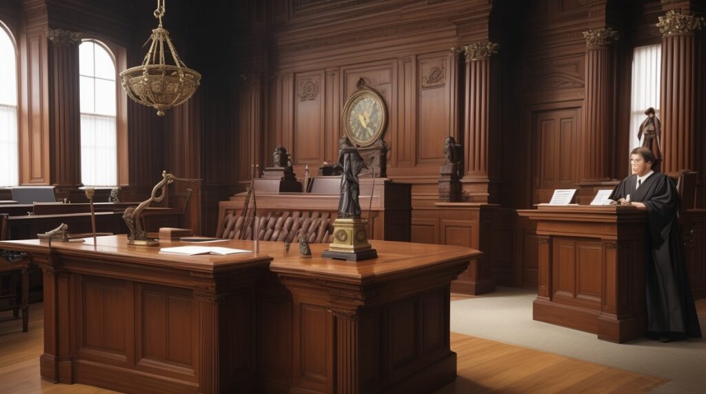 Courtroom scene showing legal struggles in Anne Scripps Douglas’s case.