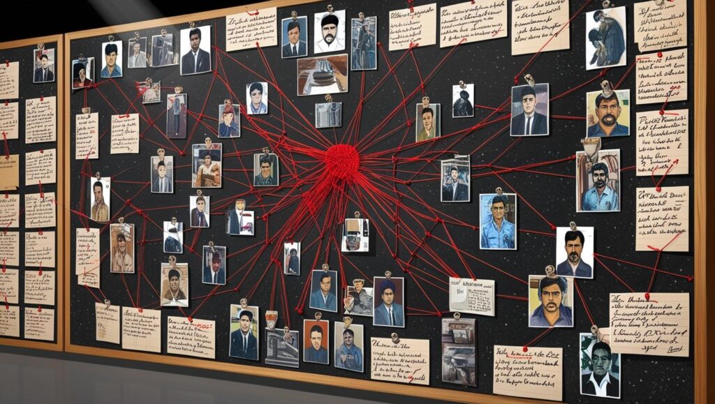 A detective board covered in photos, red strings, and case notes connecting suspects and clues.