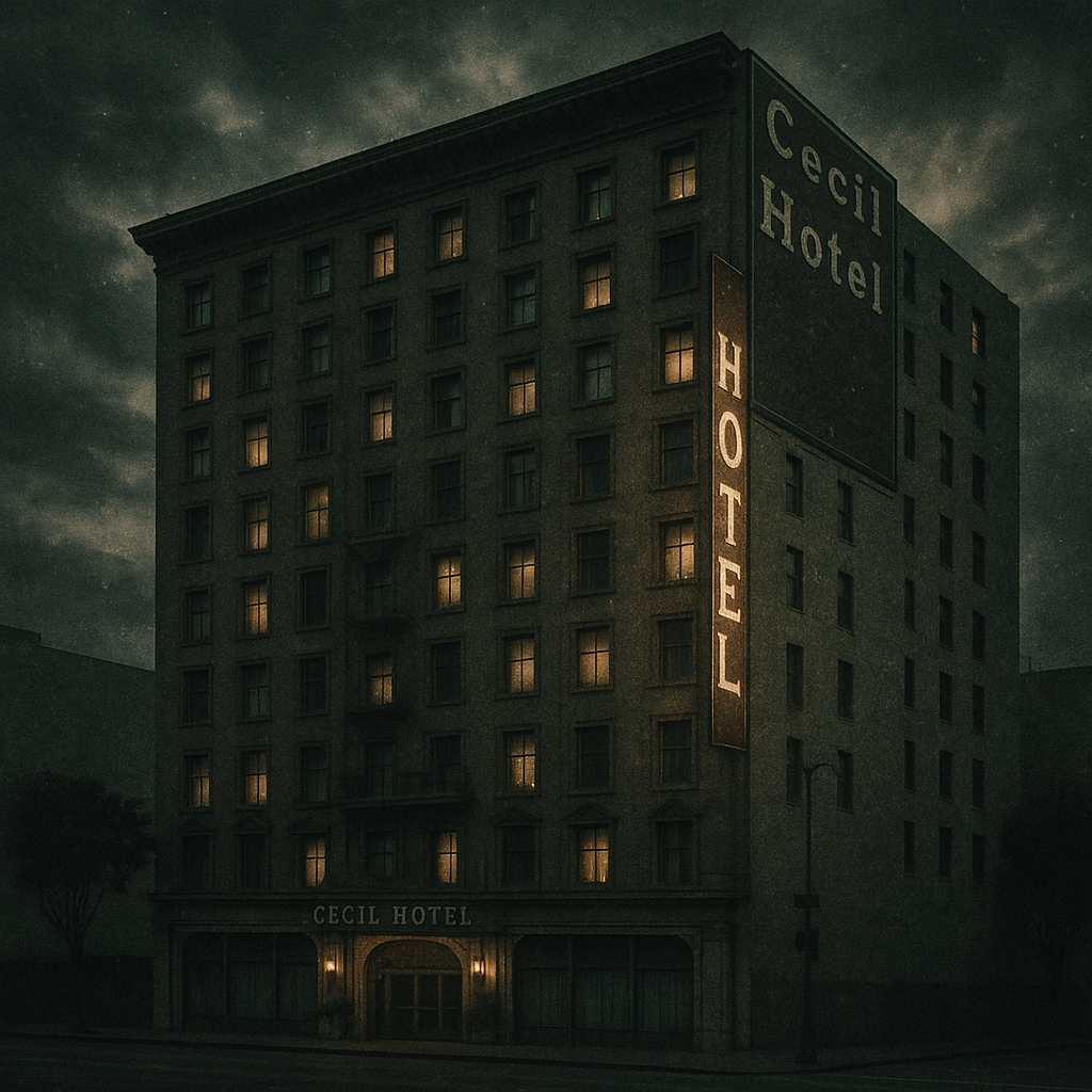 Cecil Hotel Exterior Los Angeles Night.Elisa Lam case