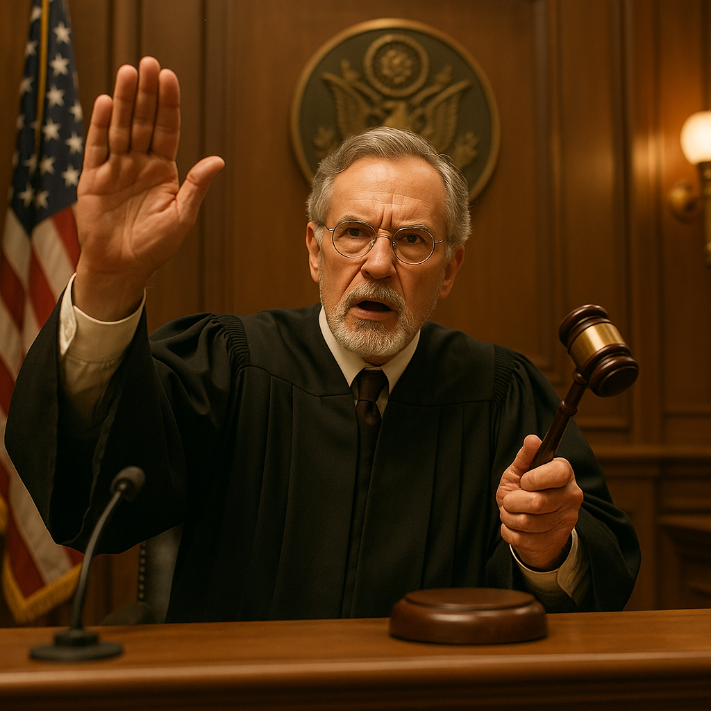 Judge delivering a verdict in a courtroom