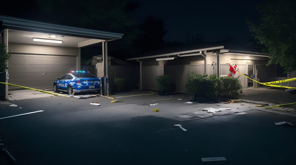 Crime scene tape at the Jennifer Dulos investigation site in her garage