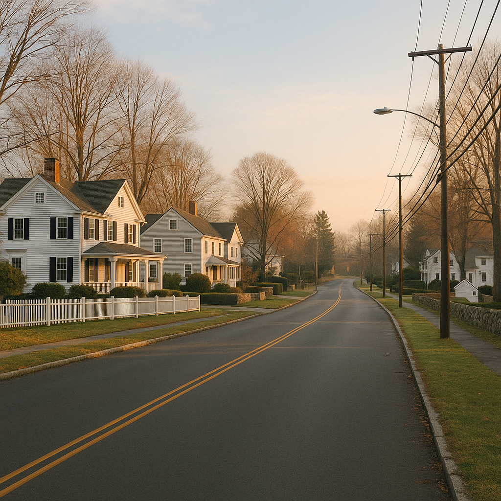 Quiet suburban street in New Canaan, Connecticut where Jennifer Dulos murder case disappeared