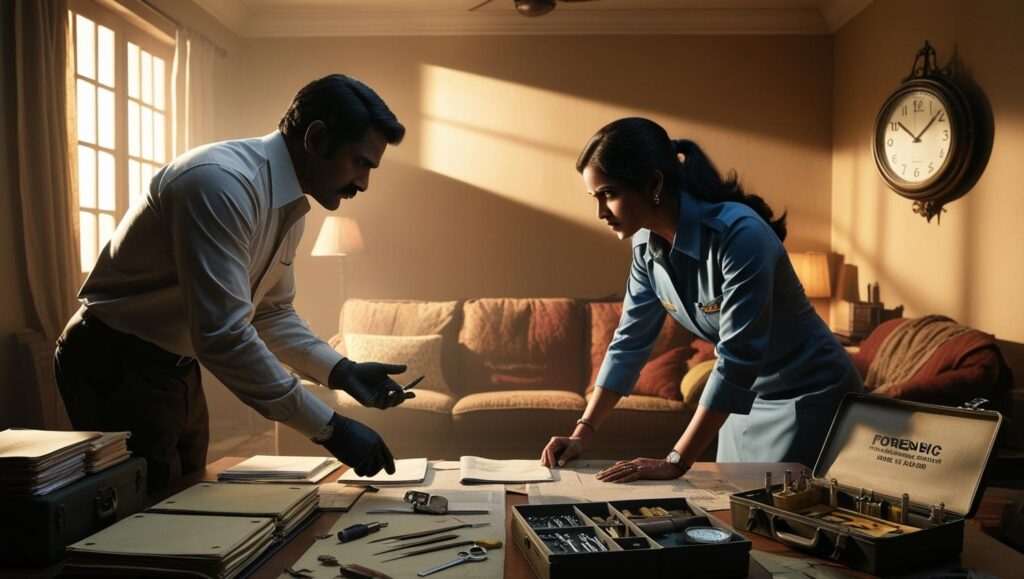 Two investigators silhouetted in discussion at night inside a modest living room, surrounded by case files and forensic tools.
