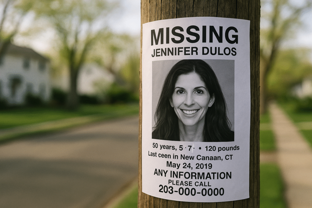 Jennifer Dulos case missing person poster in New Canaan, Connecticut