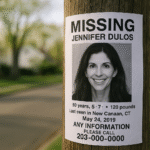 Jennifer Dulos case missing person poster in New Canaan, Connecticut