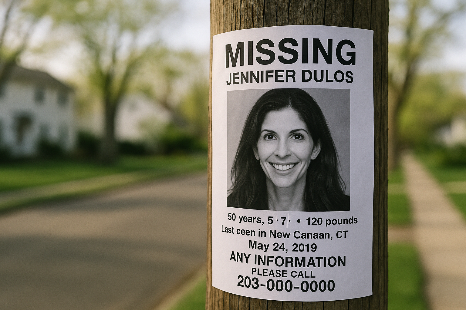 Jennifer Dulos case missing person poster in New Canaan, Connecticut