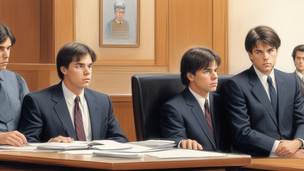 Courtroom illustration of the Menendez brothers during their highly publicized trial.