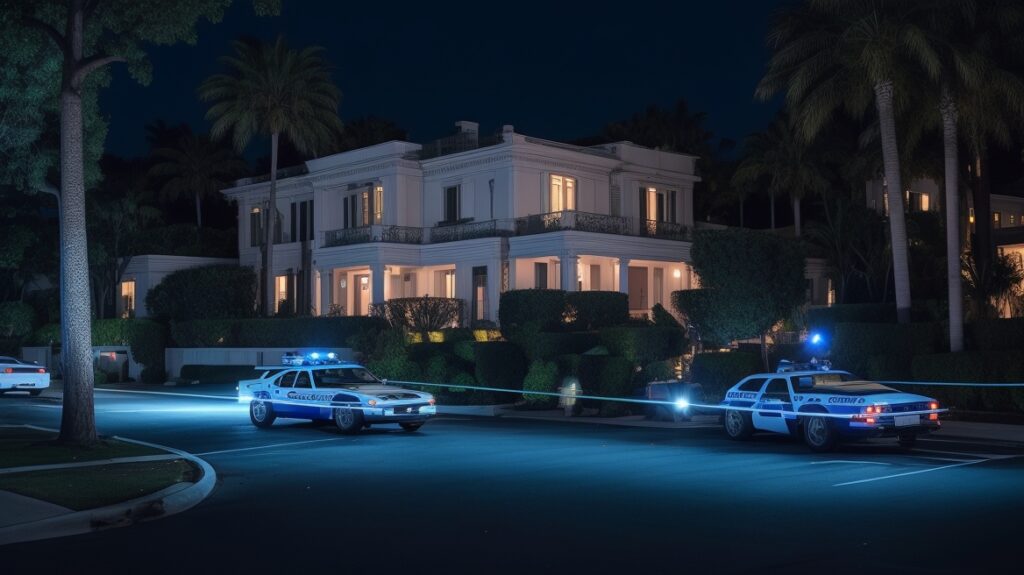 Police vehicles outside the Menendez family's Beverly Hills mansion on the night of the murders.