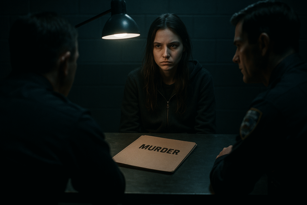 Police interrogating a woman in a murder investigation
