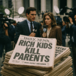 Newspaper headlines and television crews covering the Menendez brothers case trial.