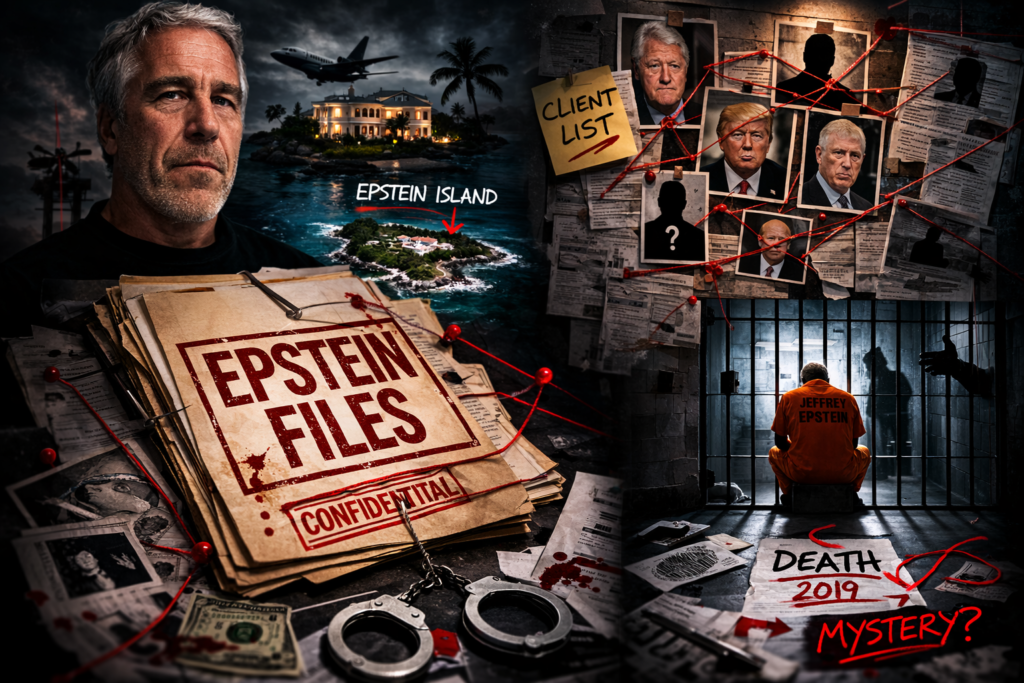Jeffrey Epstein files portrait with documents and investigation files related to the Jeffrey Epstein scandal