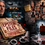 Jeffrey Epstein files portrait with documents and investigation files related to the Jeffrey Epstein scandal