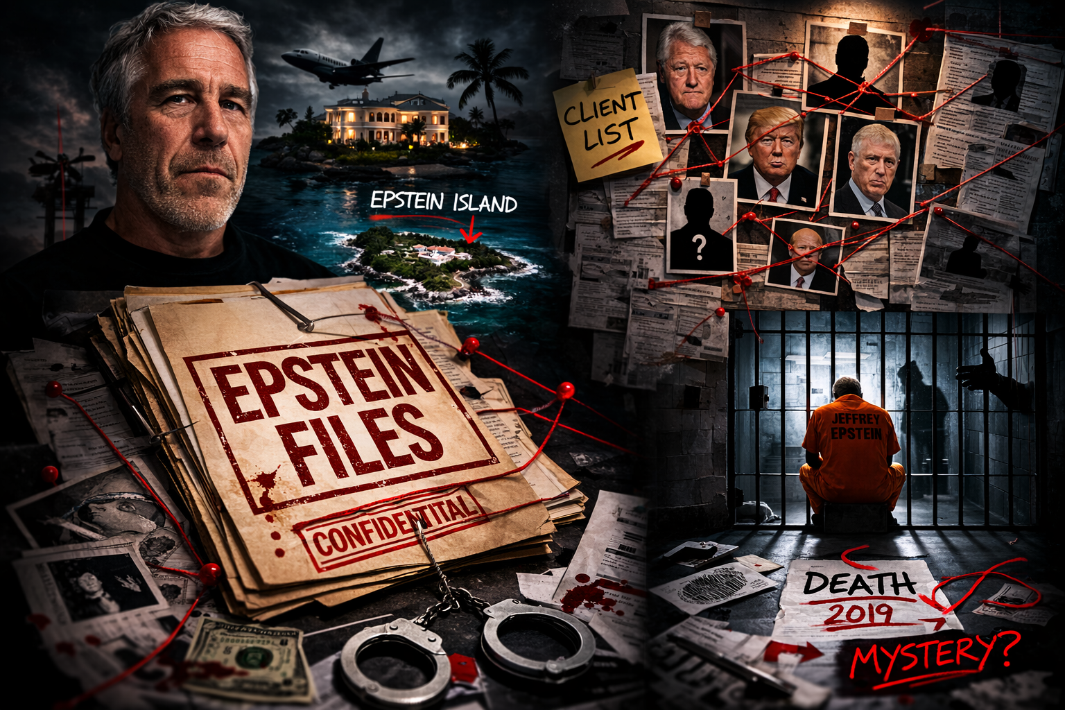 Jeffrey Epstein files portrait with documents and investigation files related to the Jeffrey Epstein scandal