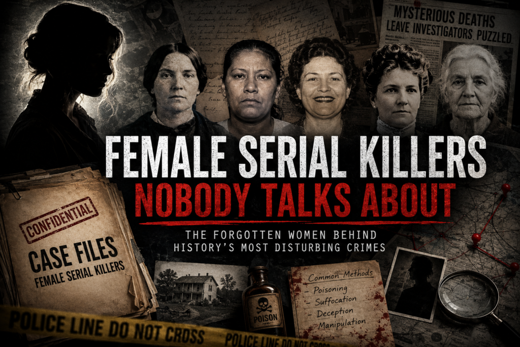 Dark cinematic artwork representing female serial killers nobody talks about in true crime history