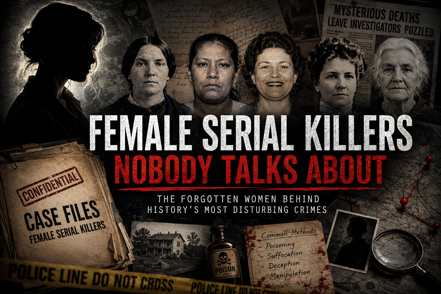 Dark cinematic artwork representing female serial killers nobody talks about in true crime history