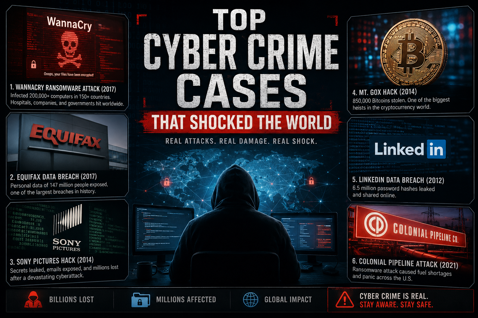Top cyber crime cases illustration showing hackers, ransomware attacks, and global cyber threats